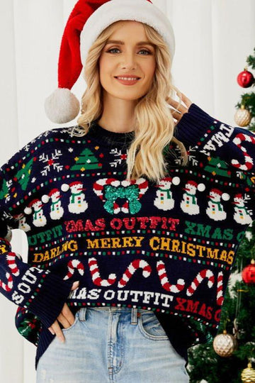 Woochic pull de Noël col rond paillettes motif sapin de Noël bleu marine 1 S